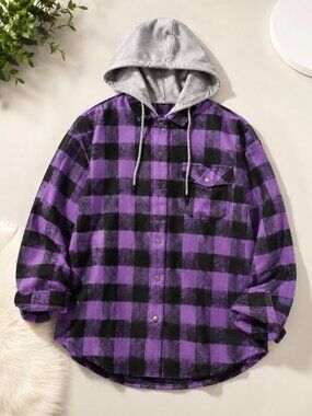 Men's Hooded Flannel Button-Up Shirt Plaid Casual